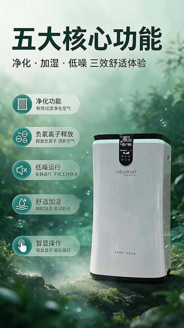 [商品] 使用【图1】robotron负氧离子机正面产品图；保留产品整体结构、银白机身、黑色顶部与底部、黑色数显面板、robotron品牌Logo及"负氧离子机"字样、产品比例和材质质感。
[画面] 目标：核心卖点总览，让用户快速了解5大核心功能。构图：竖版9:16，产品位于画面右侧中部，占画面约45%，正面微侧角度；左侧为5个竖向排列的功能图标卡片。背景：浅森林绿渐变+柔和的绿植剪影，底部有淡淡的苔藓岩石元素延续首图风格，空气中有少量薄荷青负氧离子光粒子飘动。阅读动线：顶部标题→左侧5个功能点→右侧产品展示。
[视觉] 套系策略：风格=森林生态自然风+科技感商业摄影；标题字=大气宋体粗体；正文字=现代无衬线体；主色=深森林绿+薄荷青+米白；背景延展=基于浅森林绿做渐变层次、绿植剪影、朦胧雾气；强调色=薄荷青荧光绿，用于图标和高亮；标题色=深森林绿；正文色=深灰绿；组件=圆角浅绿底功能卡片、圆形薄荷青图标；光影=左前侧柔和自然光，产品立体感强。
[文字] 顶部主标题"五大核心功能"，副标题"净化·加湿·低噪 三效舒适体验"；左侧竖向5个功能点，每个配圆形图标+标题+说明：1.净化功能：有效过滤净化空气 2.负氧离子释放：释放负离子 清新空气 3.低噪运行：安静运行 不扰工作休息 4.舒适加湿：细腻加湿 滋润舒适 5.智显操作：智能显示 轻松操控；文字均为横排，层级清晰，手机端可读。
[规格] 图片比例9:16竖版，分辨率1K，淘宝/天猫详情页风格，避免变形、错字、文字过小、产品结构失真、连续同构icon矩阵、白底。