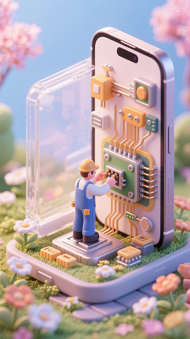 巨大智能手机电商场景，工人在组装电路，有花有草，通透材质，卡通，富有春天气息，建模渲染