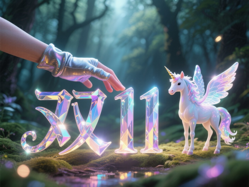 奇幻森林场景，发光的水晶质感“双11” 字样，被戴着魔法手套的手轻轻触碰调整位置，旁边有长着透明翅膀的小独角兽。预览效果