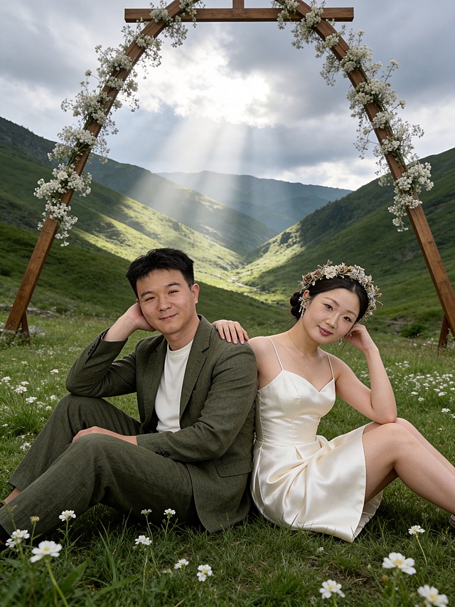 生成目的地婚礼旅拍结婚照双人合影写真，仅保留参考图1和参考图2人物脸型、发型、年龄等特征，忽略参考图中的配饰，小众山谷草坪婚礼风格，复古清新电影感，低饱和莫兰迪绿色调，自然柔和漫射光线，草地上丁达尔光束透过云层，整体氛围文艺静谧；男生：自然真实皮肤纹理，保持黑色短发干净造型，极简西装，墨绿色亚麻休闲西装，内搭米白圆领棉T恤；女生：清透奶油肌，真实皮肤纹理，白皙通透，细腻无瑕，保持深色盘发配永生花小花环，淡雅伪素颜妆容，缎面香槟色短款轻婚纱，简约A字版型；两人背靠背坐在山谷草坪上，男生手肘支撑膝盖看向镜头微笑，女生手轻轻搭在男生肩膀歪头微笑，背景是连绵绿色山谷，近处是柔软青草地和小朵白色野花，远处有木质婚礼拱门点缀满天星；自然侧影构图，低视角，分辨率4k, 电影级光影质感, 商业人像摄影级别