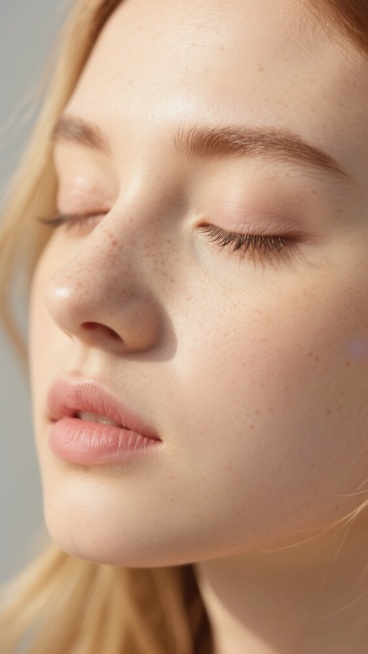 超近特写镜头，聚焦年轻女性的半张面部，细腻展现健康自然的皮肤质感，肌肤呈现出通透的米杏色基调，带有自然的浅棕色雀斑和细微的皮肤纹理，显得真实而有生命力。柔和的自然光从侧上方照射，在眼睑、颧骨和鼻梁处形成细腻的高光，光影过渡自然，立体感强。女性双眼轻闭，长而密的睫毛自然垂下，眉毛呈自然的棕色，形状柔和。唇部微张，唇色为自然的淡粉色，水润饱满。金色的发丝柔软地垂落在脸颊旁，整体氛围宁静、纯净，充满……预览效果