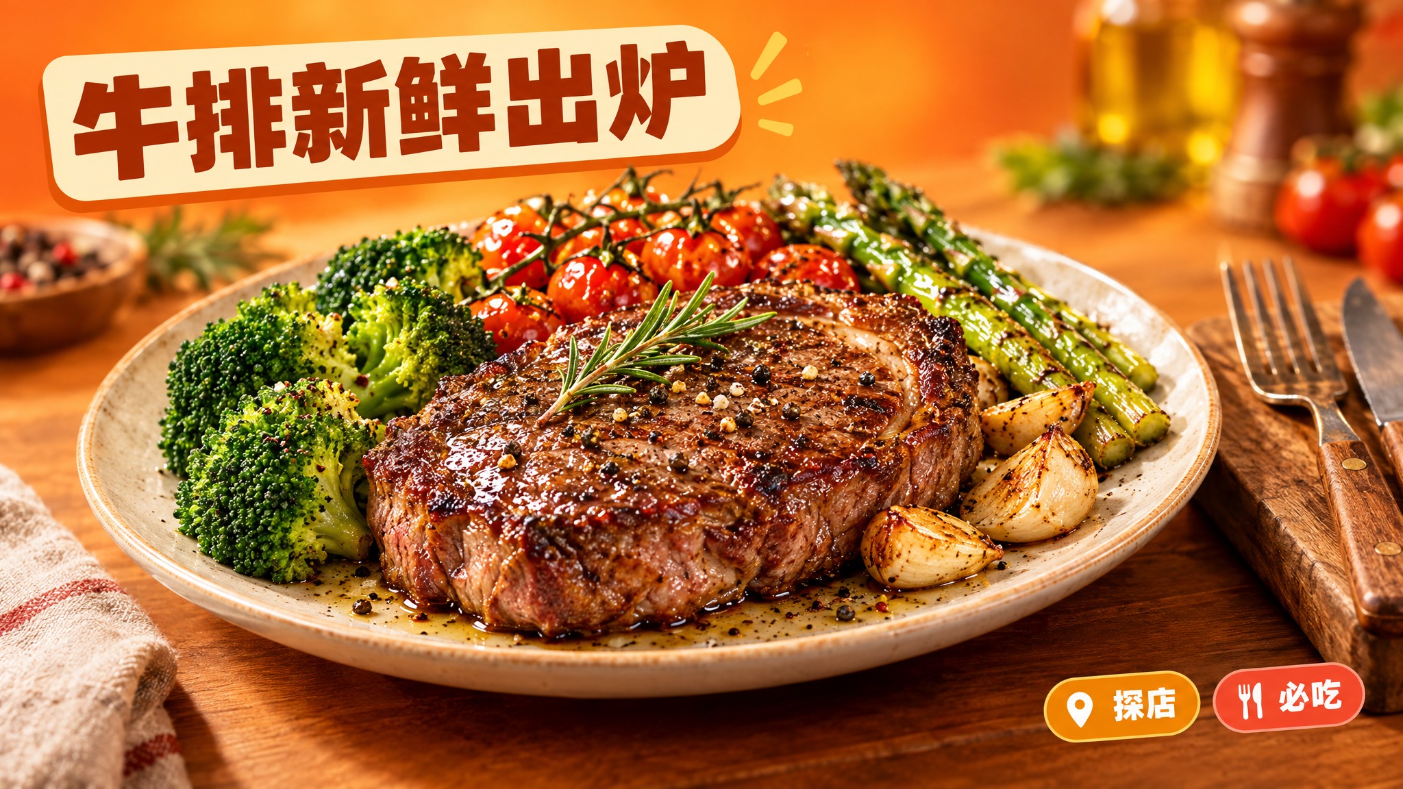 活力美食风格，暖橙色背景，画面中心是一盘色泽诱人的牛排，牛排表… - 图片创意预览
