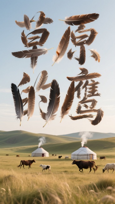 老鹰的羽毛组成”草原的鹰“；背景是绿色草原、白色毡房、动物预览效果
