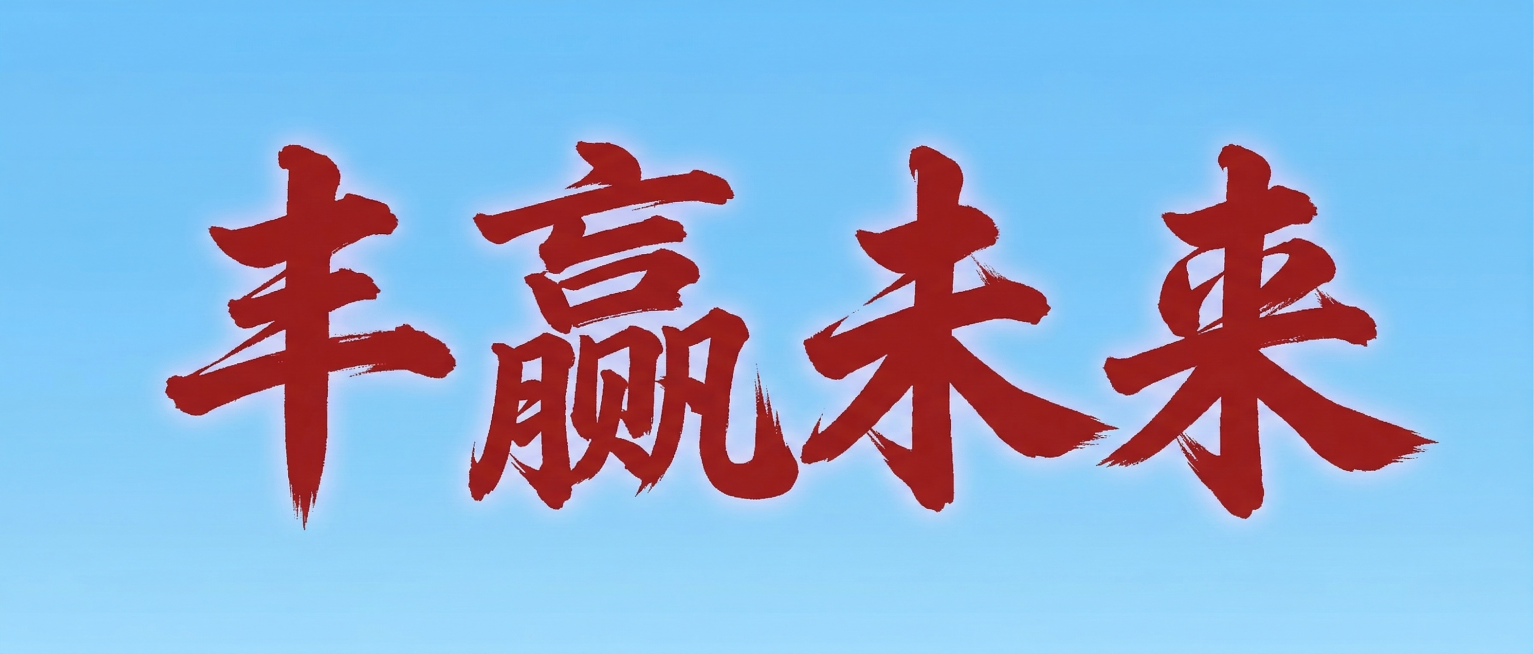 生成“丰赢未来”字体，匹配参考图中“一马当先”的书法笔触、红色字体、蓝色渐变背景风格预览效果