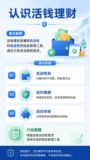 生成一张9:16竖版金融投教知识卡片海报，纯净无水印、无手机状态栏、无边框。
主题：活钱理财常识
视觉流派：扁平科普
标题："认识活钱理财"
概念解释：活钱理财是兼顾流动性和收益性的现金管理工具，满足预览效果