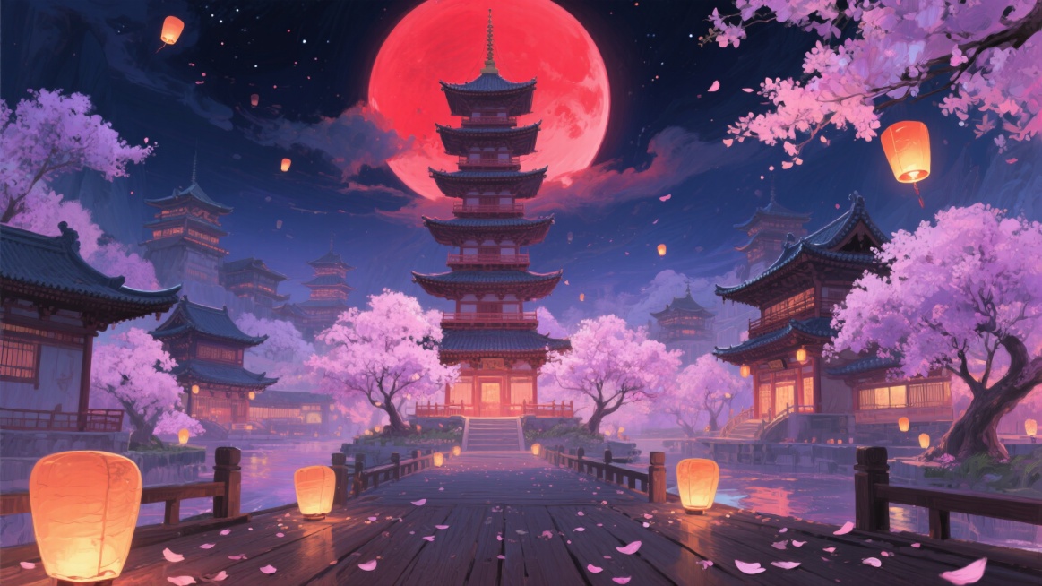 东方建筑群夜景，红色满月背景，中心多层宝塔与古朴建筑群错落分布，淡紫粉色樱花树环绕其间，木质平台散落花瓣，灯笼与孔明灯点缀夜空，色彩过渡自然且富有层次感预览效果