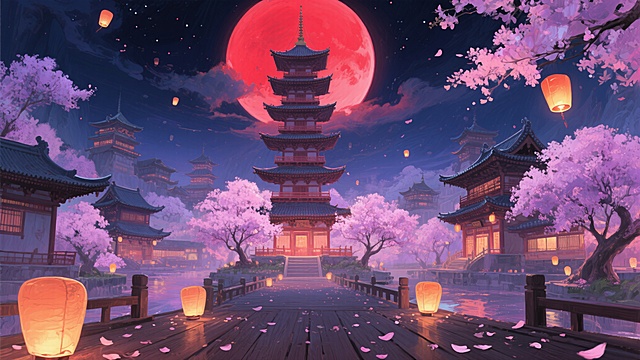 数码厚涂风格东方建筑群夜景图。画面以红色满月为背景，中心多层宝塔与古朴建筑群错落分布，淡紫粉色樱花树环绕其间，木质平台散落花瓣，灯笼与孔明灯点缀夜空，色彩过渡自然且富有层次感。
