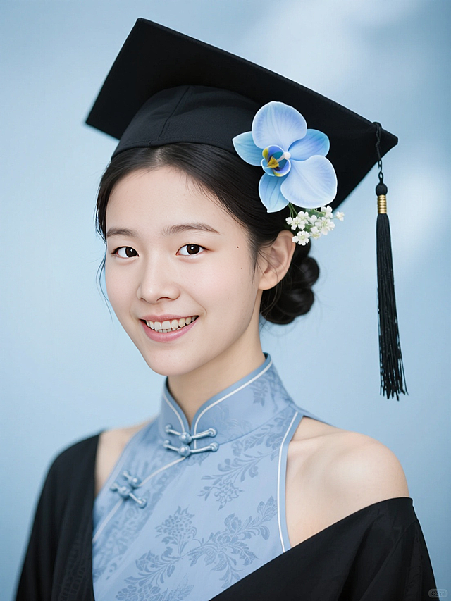 女生，学士服证件照，复古妆容，古典低盘发戴学士帽，黑色穗子，头上簪两朵浅蓝色的蝴蝶兰和白色小花，黑色学士服领口有复古花纹，内衬是淡蓝色旗袍盘扣领口，浅蓝色朦胧背景，露齿笑