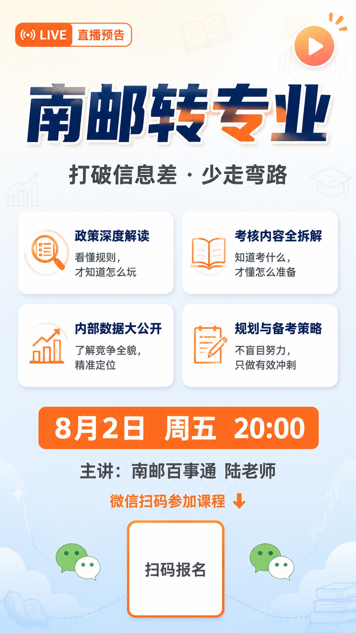 一张南邮转专业直播预告海报，竖版9:16，清新明亮的教育风格，… - 图片创意预览