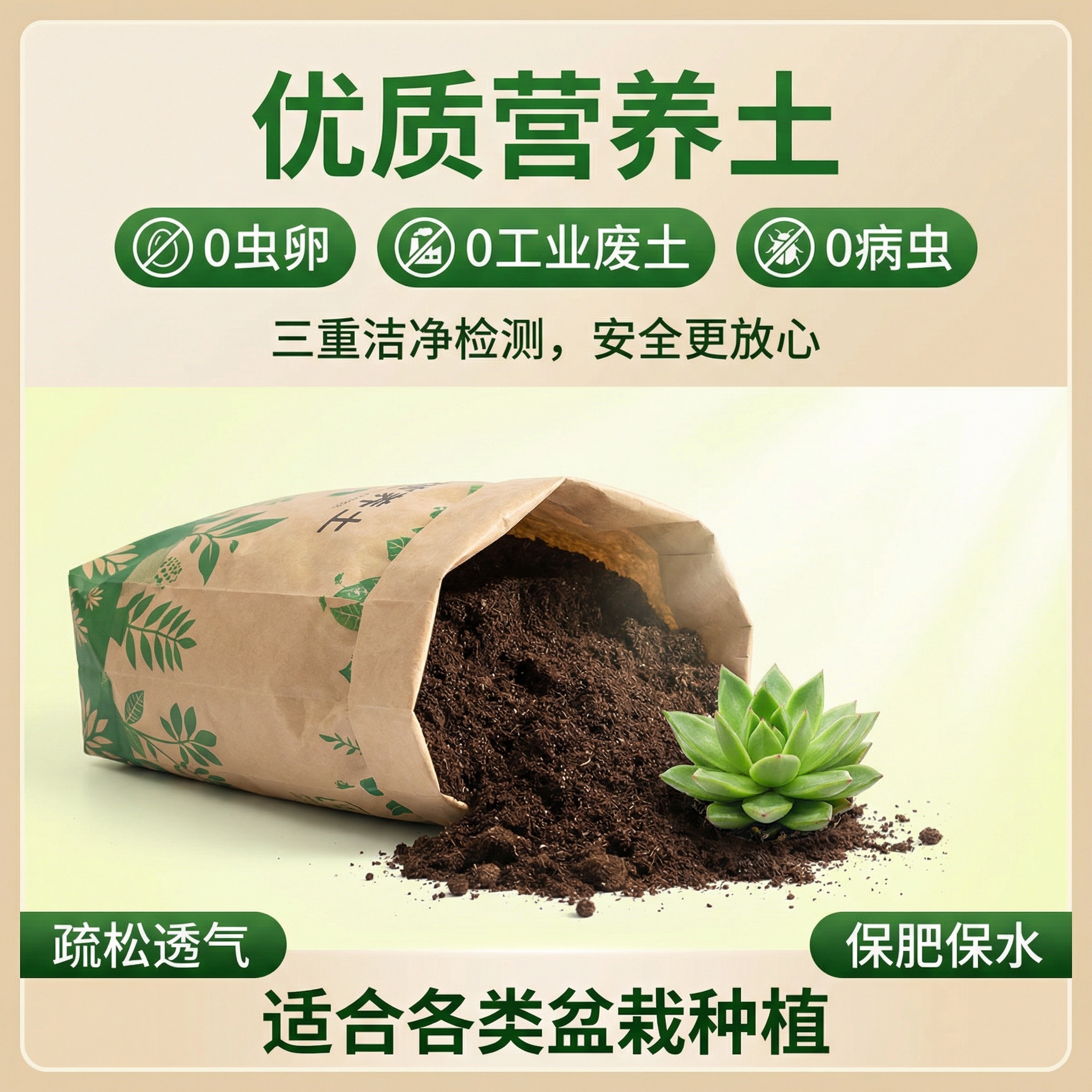 将里面的无虫卵、无工业废土、无病虫这些文字使用数字和图表进行描述 - 图片创意预览