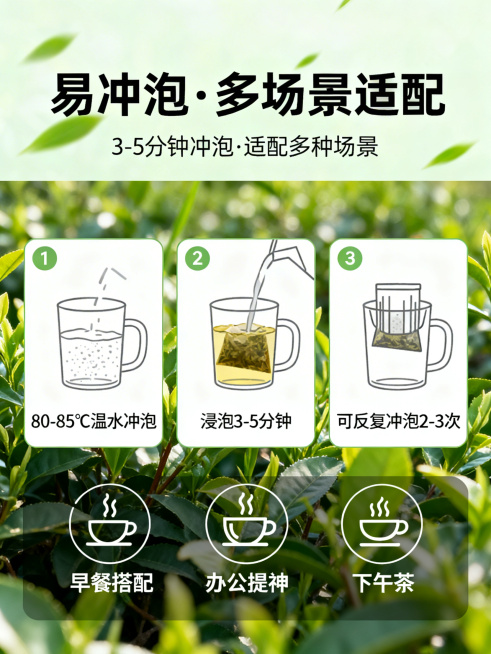翠芽绿茶冲泡方法海报，顶部放置主标题"易冲泡·多场景适配"，副标题"3-5分钟冲泡·适配多种场景"，中间用3张步骤图加短句标注清晰的冲泡方法：80-85℃温水冲泡，浸泡3-5分钟，可反复冲泡2-3次。预览效果