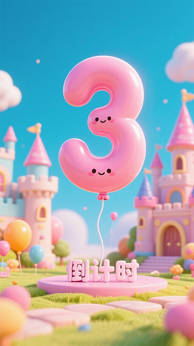 梦幻3D卡通风格，拟人数字气球，波普艺术色彩，童话城堡背景，节日倒计时创意。