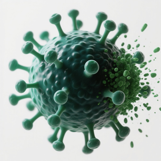3D渲染的病毒微观结构，整体呈球形，表面布满凹凸不平的颗粒状纹理，主体为深绿色并带有浅绿色渐变，多个棒状突起物分布于球体表面，突起顶端呈圆形膨大，右侧有部分绿色颗粒状物质飞溅散开，高光与阴影对比强烈，光源来自左上方，呈现出高度写实的生物医学质感，白色背景，科学可视化风格，细节丰富，立体感强。预览效果