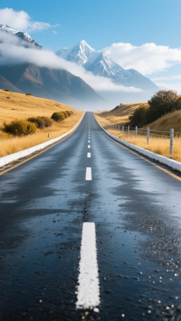 低角度特写镜头，一条被晨露打湿的沥青公路笔直延伸，白色虚线分隔线清晰可见，两侧白色路缘石与低矮金属护栏整齐排列，道路两旁金黄草地如绒毯，低矮灌木丛点缀，远处巍峨雪山云雾缭绕，湛蓝天空飘着几朵白云，超写实摄影，干净现实风，背景素材适用预览效果