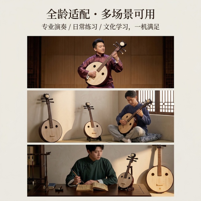 1:1竖版电商主图，新中式极简国风风格，严格还原参考图中的月琴产品造型。画面分为简洁三部分展示：第一部分专业演奏者舞台场景，第二部分民乐爱好者居家练习场景，第三部分国风文化学习者书房学习场景，每部分都预览效果