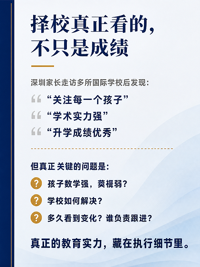 P2家长择校痛点：深圳高端国际学校宣传图文第二页，竖版3:4比例，政企深蓝金配色，白皮书风格。背景为浅蓝灰色渐变，左侧有一条深蓝色竖线装饰。

顶部大号深蓝色标题："择校真正看的，不只是成绩"，标题下方有金色短横线装饰。

正文区域左对齐排版：
第一段灰色小字："深圳家长走访多所国际学校后发现："
接下来三个带引号的深蓝色句子，每行一条，左侧有灰色引号装饰：
"关注每一个孩子"
"学术实力强"
"升学成绩优秀"

中间有一条金色虚线分隔。

下方深蓝色小标题："但真正关键的问题是："
三个问题用深蓝色粗体字，每个问题前有金色问号图标：
孩子数学强、英语弱？
学校如何解决？
多久看到变化？谁负责跟进？

底部深蓝色总结句，加粗："真正的教育实力，藏在执行细节里。"

整体版式简洁，文字排版清晰，政企风，专业稳重，适合公众号和小红书传播。画面中所有文字必须精确渲染，不得错位、遗漏或编造。