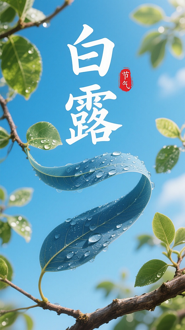 蓝色叶片拉长扭曲变形成”白露” 二字，叶片上有晶莹的露珠点缀。背景是一片晴朗的蓝天，画面中穿插着带有绿叶和水珠的树枝，营造出清新自然的氛围。“白露” 文字位于图像的中上部，红色小印章”节气“点缀，整体画面色彩明亮，富有创意，突出白露节气的主题