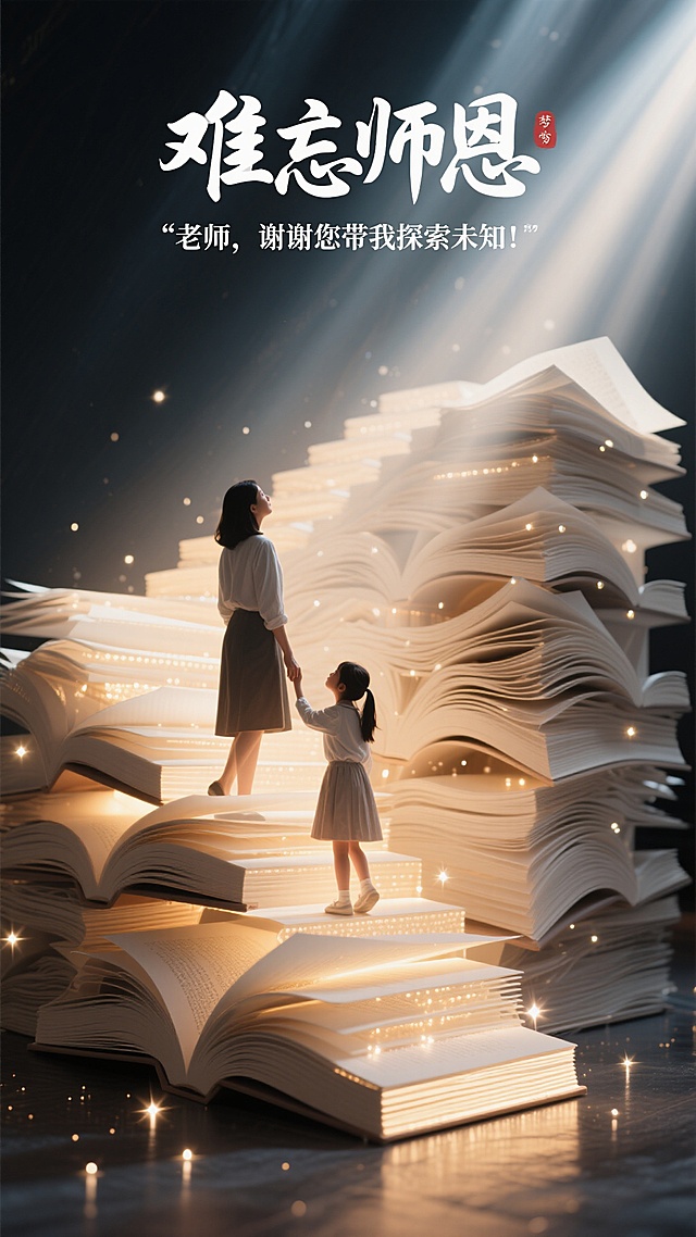 顶部有艺术字构成的大标题：“难忘师恩”，副标题：“老师，谢谢您带我探索未知！”，一个复杂的纸艺雕塑装置，纸张堆成三维阶梯空间，层层叠叠如楼梯，柔和温暖的灯光照亮纸张，透明书页，温暖柔和的光从内部散发出来，一位女性教师牵着一个小女生站在书页的阶梯上向上走，抬头向上看去，光从最高处的楼梯上面射下来造成剪影效果，探索知识的沉浸式场景，超现实纸艺雕塑，精致细节，强调教育和智慧，复杂的纸张纹理，四周是有些黑暗的，突出人物