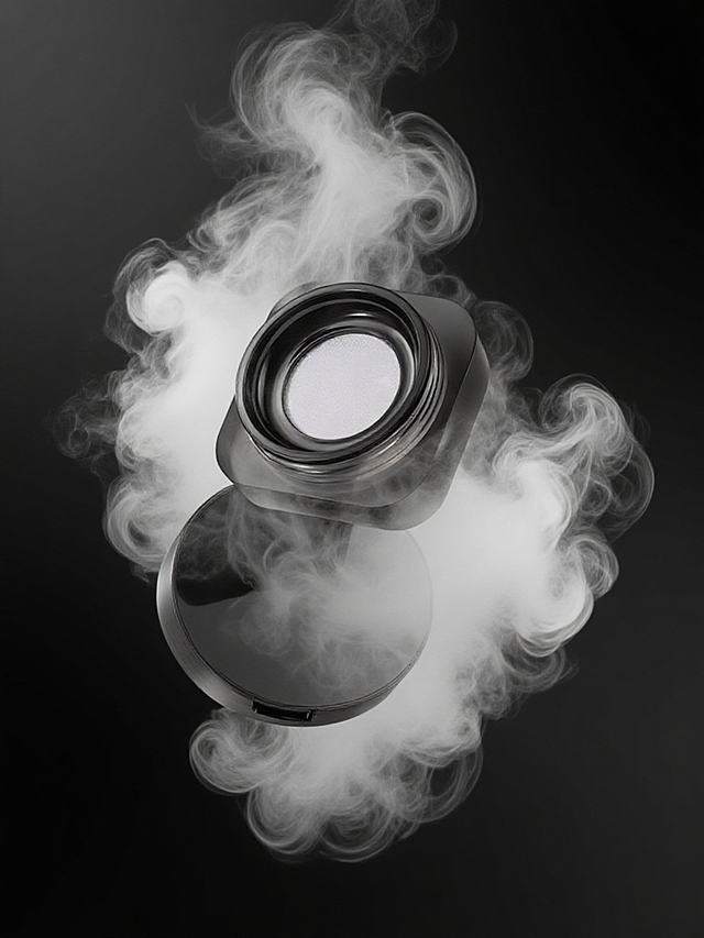 产品周围白色烟灰，飘扬面积大，粉量少，粉质轻盈，黑色渐变背景