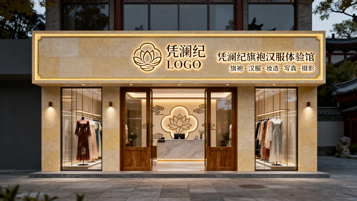 8K超写实门店效果图，西安华清池景区，盛唐御园温泉雅致风格，盛唐御园雅致风，100㎡，进深10米，门头高1米宽5.6米，米黄石材+浅金线条，温润唐风，门头居中镶嵌【凭澜纪LOGO】发光字，右侧大字「凭预览效果