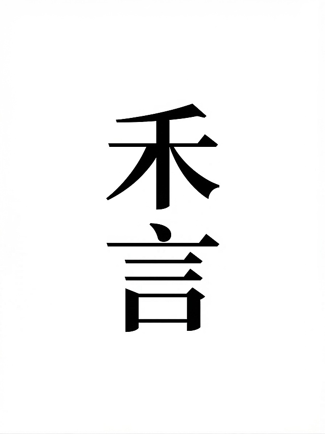 汉字标Logo设计，品牌名“禾言”，以宋式美学为基调，参考提供的字体设计风格：几何构建，极简主义，笔画融合宋体的典雅与黑体的简洁，横细竖粗做视觉修正，中宫舒展，字形简约干净，具备宋式美学的清雅内敛气质，可识别度高，黑白矢量图，纯白背景。