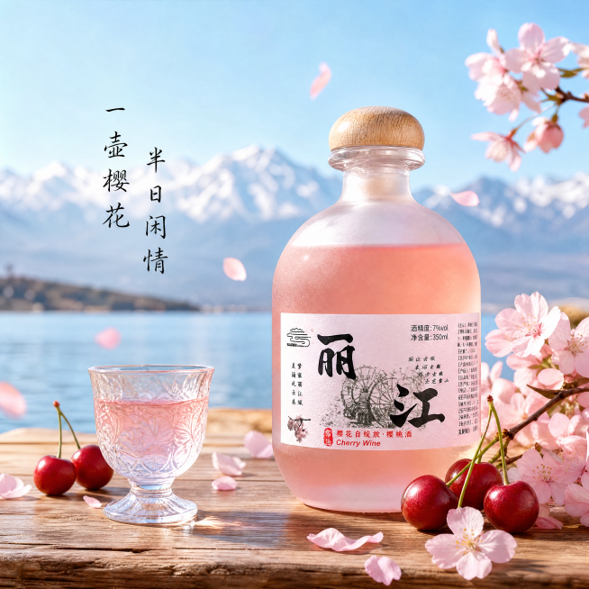 [单张主图] 丽江樱桃酒精修电商主图，高级氛围感粉润浪漫风格。
[画面主体] 单瓶丽江樱桃酒居中放置，保持酒瓶上的所有字体（大字"丽江"、小字"樱花自绽放·樱桃酒"、酒精度7%vol、净含量350ml预览效果