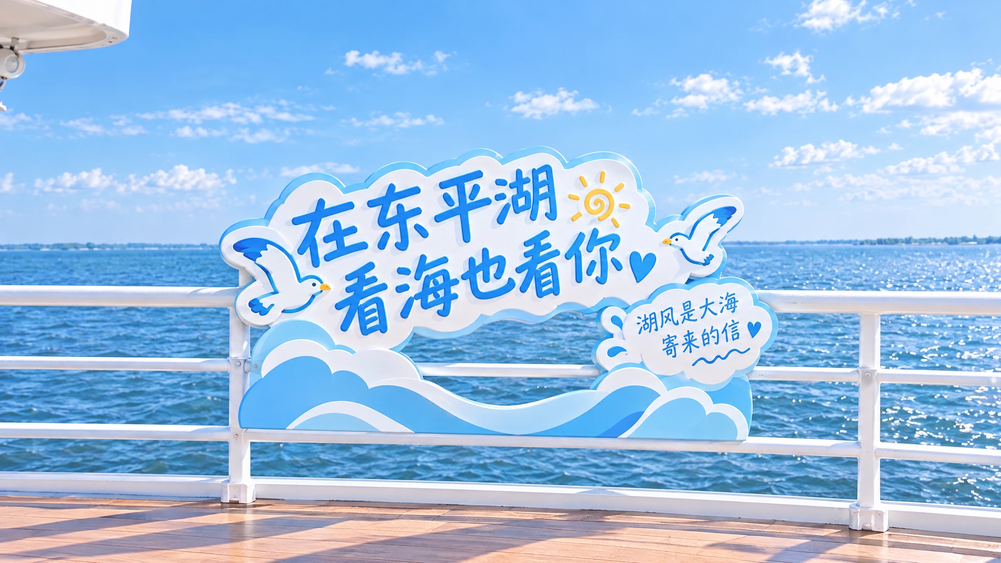 参考图中的清新治愈卡通风格，生成第一个东平湖看海主题立体字造型… - 图片创意预览