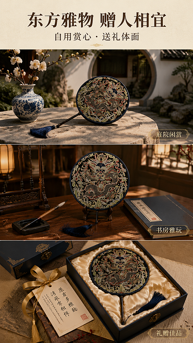 [第5屏] 使用场景-古风拍照与礼赠瞬间展示。本屏使用【图1】作为商品主体，保持团扇外观结构与颜色完全一致。
[氛围/风格] 东方意境生活方式，电影感画面，雅致浪漫，商业摄影质感。
[元素布局] 画面为三格竖排拼图。上格：古风庭院场景，团扇轻放在石桌上，旁边有青花瓷瓶插着梅花，背景是白墙黛瓦与月亮门，营造中式庭院意境；中格：中式书房场景，团扇竖立在案头，旁有毛笔、砚台、线装书，暖黄灯光营造静谧读书氛围；下格：礼赠场景，团扇放置在藏青色锦盒中，盒内衬米黄色绸缎，旁有手写贺卡，系着金色丝带，凸显礼赠质感。三格之间用细金线分隔。
[光影质感] 上格庭院自然光柔和，中格书房暖光温馨，下格礼盒顶光突出质感，整体光影层次丰富，色调统一暖调。
[配色色系] 全局底色 #EDE6D6 暖米黄；主色藏青、金色；辅助色朱红、墨绿、木色。
[视角构图] 三格均为45°微俯视，竖排布局，阅读动线自上而下。
[文字版式] 顶部主标题「东方雅物 赠人相宜」，副标题「自用赏心 · 送礼体面」，宋体字形，深棕色字居中；每格右下角配小字标签，上格「庭院闲赏」，中格「书房雅玩」，下格「礼赠佳品」；文字不遮挡团扇主体。
[比例分辨率] 9:16 竖版比例，4K 分辨率，文字清晰可辨，高清画质。
[负向提示词] 出现人脸，团扇变形，场景杂乱，颜色偏差，水印，文字错乱，产品模糊。