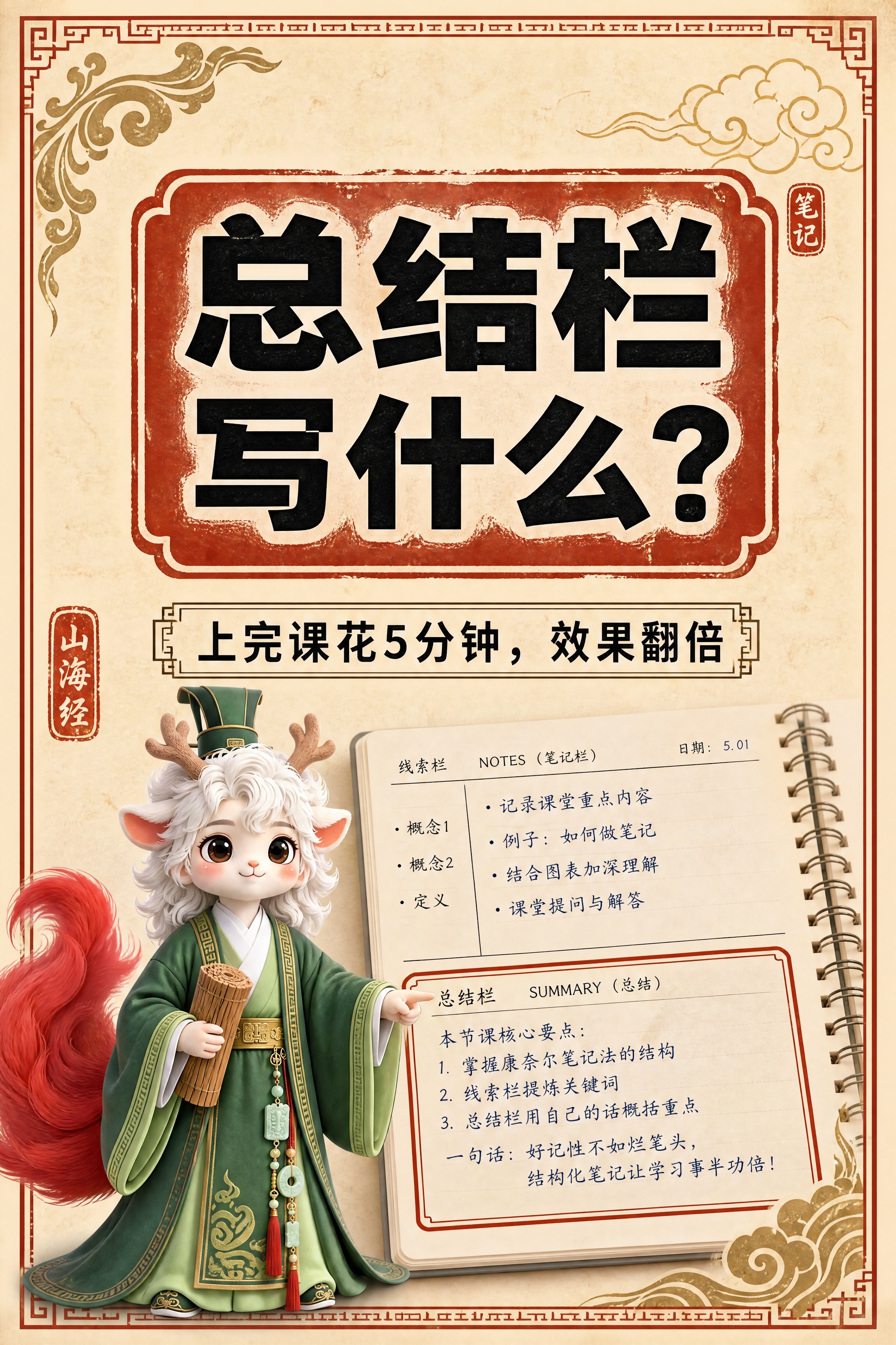 小红书笔记大字封面，配图大字，国风山海经风格，米黄色宣纸纹理背… - 图片创意预览
