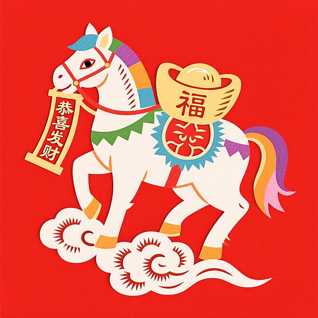 喜庆红底，剪纸风白马踏云，手持“恭喜发财”卷轴，背负金元宝，融合撕纸与国潮元素，卡通造型传递中式新春祝福。