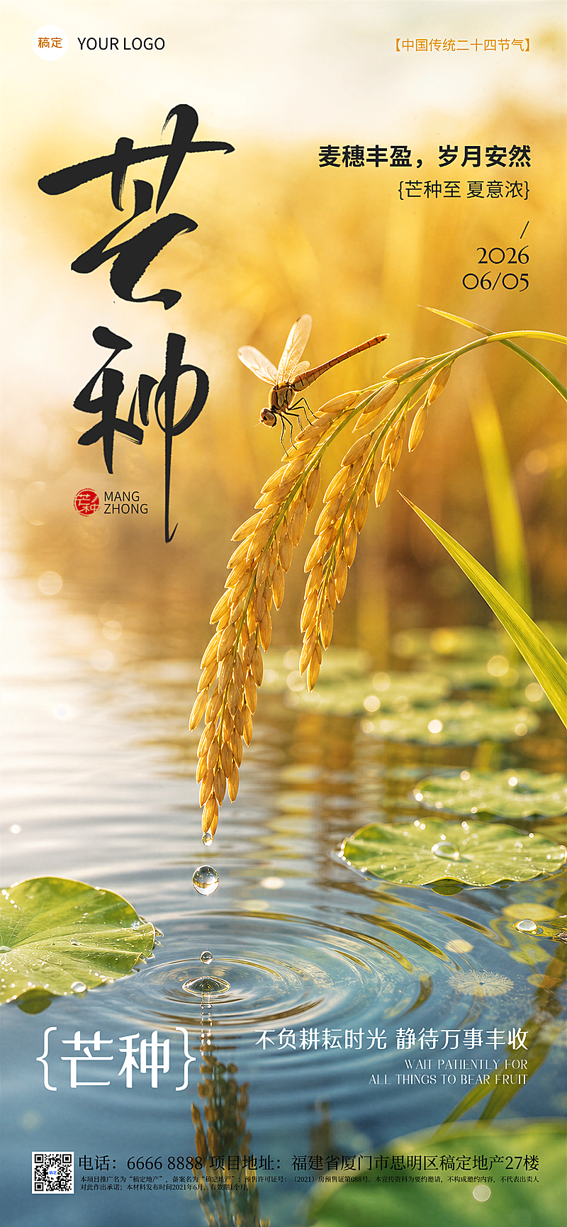 芒种节气祝福清新田园实景风通用全屏竖版海报