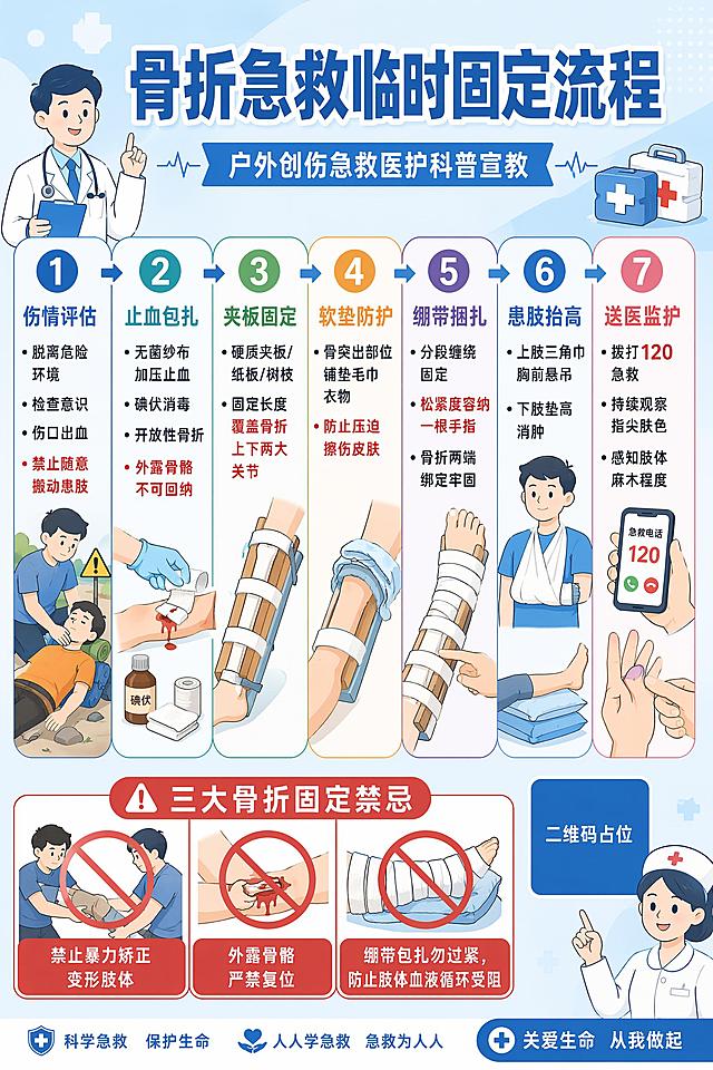 一、海报整体主题关键词

骨折急救、肢体骨折临时固定、户外创伤急救科普、医护宣教流程图
 
二、风格版式关键词
 
蓝白扁平医疗卡通插画、单张科普海报、七步流程图文排版、圆角分栏卡片、箭头指引、简洁大字、病房社区张贴图、柔和马卡龙配色
 
三、分步核心内容关键词
 
1. 伤情评估：脱离危险环境、检查意识、伤口出血、禁止随意搬动患肢
2. 止血包扎：无菌纱布加压止血、碘伏消毒、开放性骨折、外露骨骼不可回纳
3. 夹板固定：硬质夹板/纸板/树枝、固定长度覆盖骨折上下两大关节
4. 软垫防护：骨突出部位铺垫毛巾衣物、防止压迫擦伤皮肤
5. 绷带捆扎：分段缠绕固定、松紧度容纳一根手指、骨折两端绑定牢固
6. 患肢抬高：上肢三角巾胸前悬吊、下肢垫高消肿
7. 送医监护：拨打120急救、持续观察指尖肤色、感知肢体麻木程度
 
四、禁忌警示关键词
 
禁止暴力矫正变形肢体、外露骨骼严禁复位、绷带包扎勿过紧、防止肢体血液循环受阻
 
五、AI绘图完整提示词（可直接复制）
 
单张骨折临时固定急救科普海报，简约扁平卡通医护插画，浅蓝医用底色，七步圆角卡片横向排版，带数字序号与流程箭头。每格搭配对应简易示意图：评估伤者、纱布包扎伤口、纸板夹板固定四肢、毛巾垫关节、绷带捆绑肢体、三角巾吊手臂、拨打120监护手指。底部红色警示框标注三大骨折固定禁忌，文字清晰易懂，适合院内科普张贴，低饱和柔和配色，线条圆润干净。