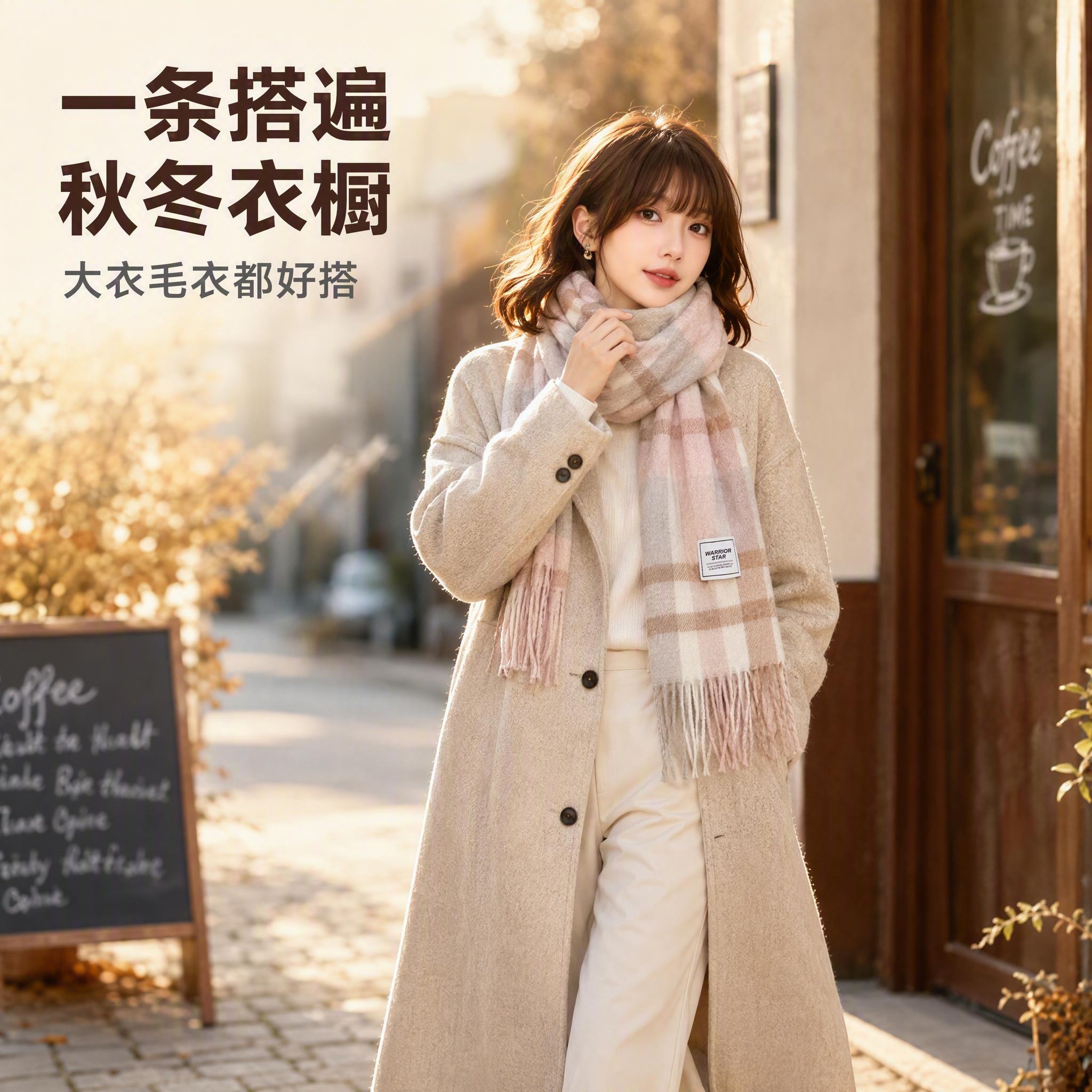 [主图-4] 围巾多场景穿搭展示图，展示百搭属性，模特不同姿势… - 图片创意预览