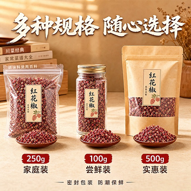 [主图-6] 多规格展示与用途场景 红花椒规格选择主图。
[统一基调] 淘宝/天猫食品调味风格，自然暖阳逆光，暖木色与深红色为主色调，主标题用粗笔刷书法字米白色带轻微阴影，辅助文案用清爽黑体深棕色，强调色为朱砂红，整体专业品质有食欲感。
[画面] 画面展示三种不同包装规格的红花椒并排摆放：左边是透明密封袋装250g，中间是玻璃罐装100g（带金属盖），右边是牛皮纸袋散装500g。每个包装旁边都有一小碟倒出来的花椒颗粒展示实物。背景是浅米色厨房台面，后方有几本食谱书和一小束干花点缀，营造居家氛围。三个规格等距排列，视角为平视微俯。产品整体占画面约65%。
[光影质感] 柔和自然光，包装材质真实：塑料袋有通透感，玻璃罐有反光和折射，牛皮纸袋有纸质纹理。花椒颗粒清晰，整体干净整洁。
[配色] 背景浅米色，包装以透明和自然色为主，花椒深红点缀，文字深棕色。
[文字版式] 画面顶部主标题"多种规格 随心选择"，下方三个规格下方分别标注"250g 家庭装""100g 尝鲜装""500g 实惠装"。底部小字"密封包装 防潮保鲜"。文字放在上下负空间，不遮挡包装主体。
[输出要求] 1:1比例，文字清晰可读，产品清晰不变形，无错字，无水印，无平台Logo，无杂乱元素。