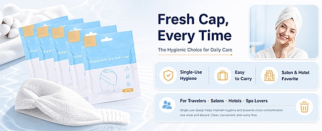 [商品] 使用【图1】【图2】白色一次性干发帽；保留华夫格纹理、扭结佩戴形态、蓝白独立包装（含原有英文品名与1PCS标签）；商品处理：理顺面料、增强包装高光，不改变颜色和结构。
[画面] 信任收尾页（左右分栏型）：左侧产品与包装平铺陈列（5包扇形排列+1卷展开帽体），右侧上下堆叠浅天蓝圆角信息卡：上卡放3个图标卖点（Single-Use Hygiene、Easy to Carry、Salon & Hotel Favorite），下卡放适用人群短句与一次性使用说明；背景暖白至浅天蓝渐变水波纹，右上角小窗为欧美成年女性佩戴干发帽的轻松微笑照片；产品占画面约55%。
[视觉] 套系策略：风格=跨境清新简约个护商业摄影；标题字=现代无衬线粗体；正文字=简洁无衬线体；主色=清爽天蓝；背景延展=白色至浅天蓝渐变、细腻水波纹与棉柔质感；强调色=活力橙，仅用于小面积图标、引线和标签；标题色=深海军蓝；正文色=中灰蓝；组件=圆角信息卡、细引线、圆点标签；光影=柔和自然光、水润高光。
[文字] 标题"Fresh Cap, Every Time"、副标题"The Hygienic Choice for Daily Care"；信息点"Single-Use Hygiene"、"Easy to Carry"、"Salon & Hotel Favorite"；说明"For Travelers · Salons · Hotels · Spa Lovers"，全部横向排版，不遮挡产品。
[规格] 61:25横版，4K，避免变形、错字、竖排文字、亚洲面孔、面料结构改变、包装文字错乱、水印。