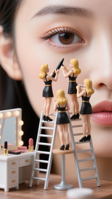 4位身着时尚短裙、金发的迷你女性站在化妆台的梯子上围绕在人眼周围用眼线笔进行眼皮化妆，背景为脸部皮肤和眉毛，脸部轮廓清晰，可以看出来人物是一个中国美女，睫毛款式是自然预览效果