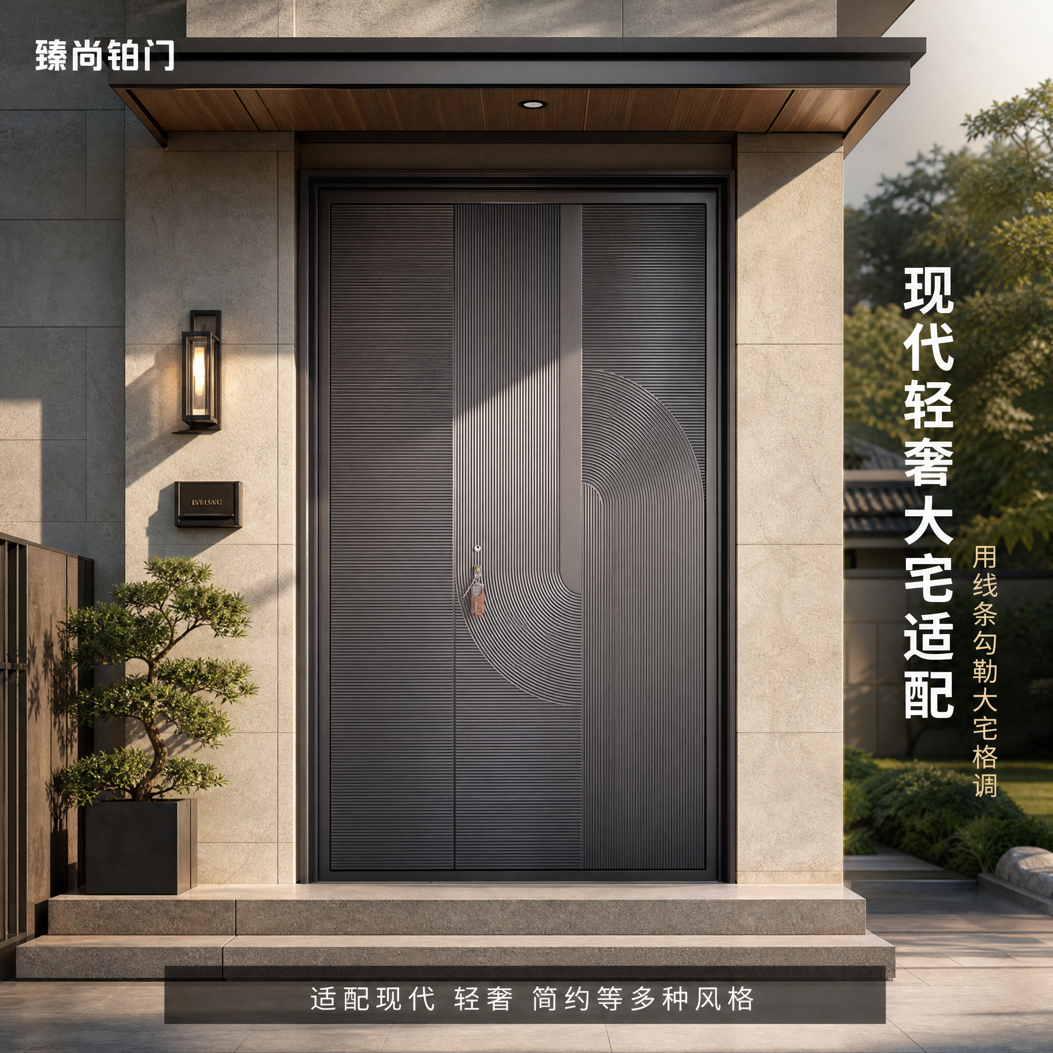 [主图-4] 场景适配展示图，核心任务是展示大门安装在现代轻奢… - 图片创意预览