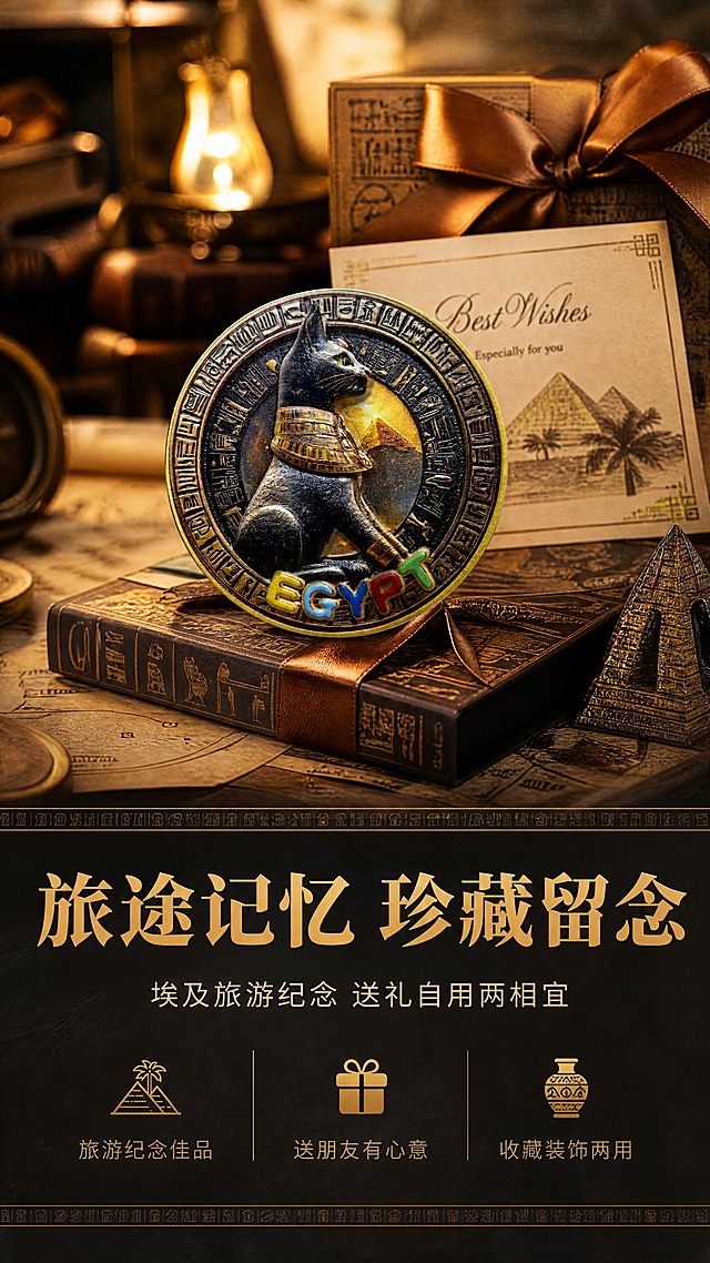 [商品] 使用【图1】古埃及猫神贝斯特立体浮雕圆形冰箱贴；保留全部外观与颜色，商品原样保留，颜色不改变。
[画面] 页面目标：礼赠收藏价值页，突出产品作为旅游纪念品和伴手礼的属性。构图：产品居中偏上，占画面40%，周围环绕礼盒、贺卡、旅行元素等氛围道具，下方文案区。景别：中景。前中后景：前景产品，中景礼盒包装与装饰元素，背景暖光虚化的复古书桌场景。阅读动线：从上至下，产品→礼赠氛围→文案。
[视觉] 套系策略：风格=古埃及神秘复古高级商业摄影；标题字=衬线粗体，古典厚重；正文字=现代简洁无衬线体；主色=金棕+炭黑；背景延展=基于金棕黑做深浅层级、暖光渐变和木质纹理；强调色=古金色，仅用于小面积装饰和标签；标题色=古金色；正文色=深棕灰；组件=复古丝带、礼盒元素、装饰性象形文字；光影=暖黄侧光，温馨礼物氛围。
[文字] 下方主标题「旅途记忆 珍藏留念」，副标题「埃及旅游纪念 送礼自用两相宜」，3个卖点：旅游纪念佳品 | 送朋友有心意 | 收藏装饰两用。文字全部横排。
[规格] 图片比例9:16竖版，4K分辨率，负向提示：避免变形、颜色改变、商品本体文字错乱、冷蓝色调、虚假宣传极限词。