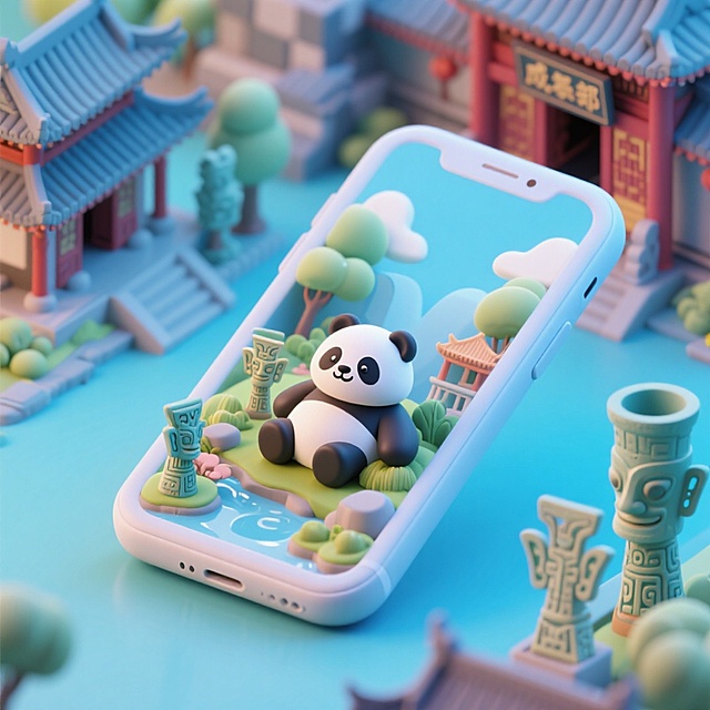 软3D风格的微缩艺术场景，可爱熊猫坐于手机屏幕中的中式庭院，搭配粘土质感的古建筑与青铜器，营造梦幻又童趣的节日氛围。