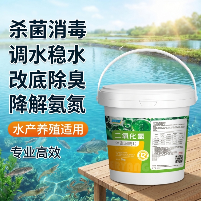 第三张电商主图，展示产品卖点：杀菌消毒、调水稳水、改底除臭、降解氨氮，背景为户外鱼虾蟹养殖水塘，突出产品使用后水质干净清澈，水产养殖适用，突出文案卖点信息预览效果