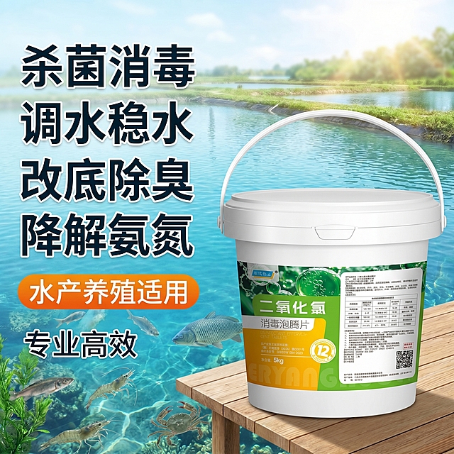 第三张电商主图，展示产品卖点：杀菌消毒、调水稳水、改底除臭、降解氨氮，背景为户外鱼虾蟹养殖水塘，突出产品使用后水质干净清澈，水产养殖适用，突出文案卖点信息