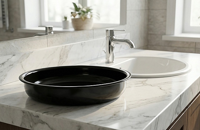 白天室内场景 洗手池旁边大理石桌面上摆放产品