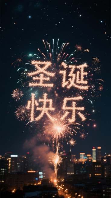 圣诞节天空中放烟花的场景，烟花组成圣诞快乐的画面预览效果