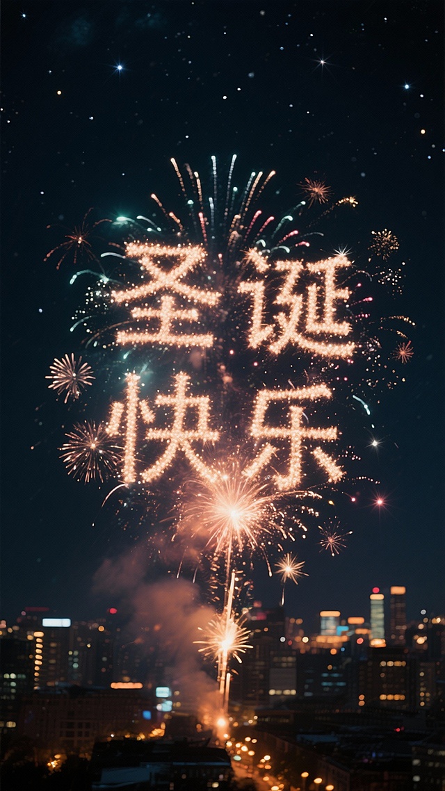 圣诞节天空中放烟花的场景，烟花组成圣诞快乐的画面