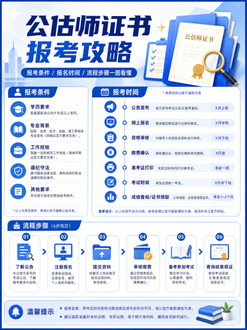 图文科普攻略图，主题“公估师证书报考攻略”，包含报考条件、时间、流程步骤，排版清晰，主标题突出，整洁专业的科普风格预览效果