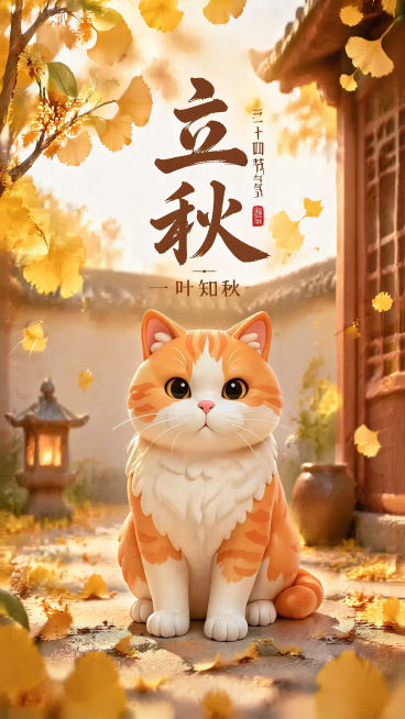 24节气立秋海报，主体是参考图中的橘色卡通胖猫咪，保持猫咪的橙白配色和3D可爱造型，治愈系暖萌风格，秋季场景，背景是金黄银杏、桂花飘落的秋日庭院，整体色调温暖柔和，居中主视觉，主标题为"立秋"，副标题预览效果