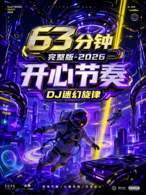 电子音乐封面设计，赛博朋克风格，紫蓝色霓虹赛博城市背景，添加机械科幻元素，包含太空人元素，柠檬黄背景，带有标题"63分钟完整版-2026开心节奏dj迷幻旋律"，充满未来科技感预览效果