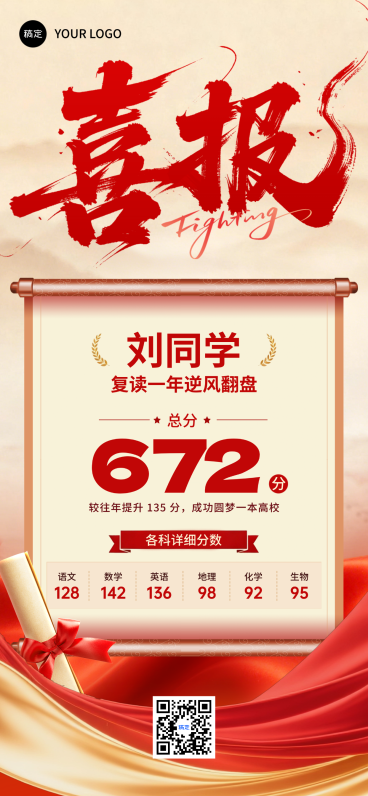 高考成绩高分个人喜报喜庆感手机全屏竖版海报预览效果