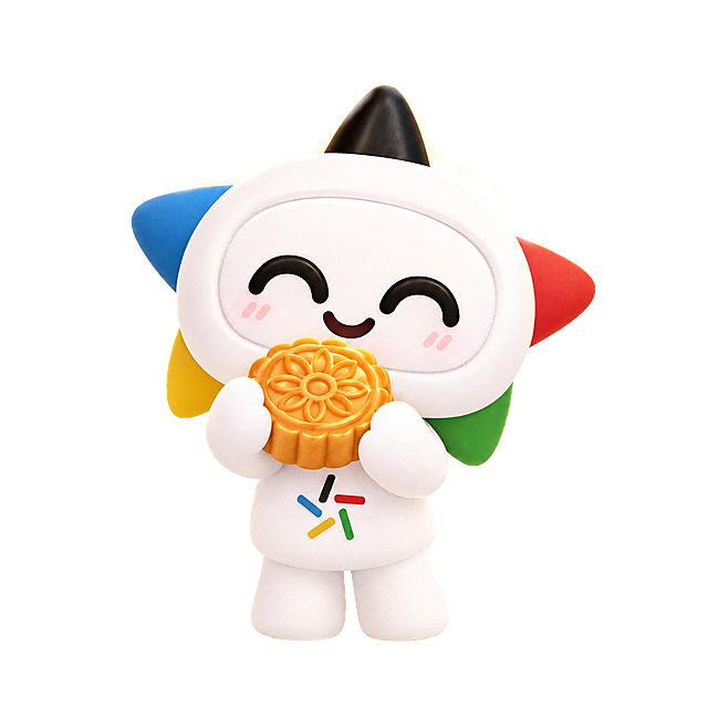基于图中的乐小星IP形象，设计中秋节主题表情包。乐小星保持白色圆润3D卡通形象，头顶黑色尖角，耳朵分别为蓝、红、黄、绿四色，胸口有彩色四色线条标志。乐小星双手举着一个金黄的中秋月饼，眼睛弯成月牙状，开心微笑，背景有圆圆的明月和几朵祥云，整体氛围温馨喜庆，中秋节氛围浓厚，适合做表情包，纯色浅米色背景，3D渲染风格，可爱Q版