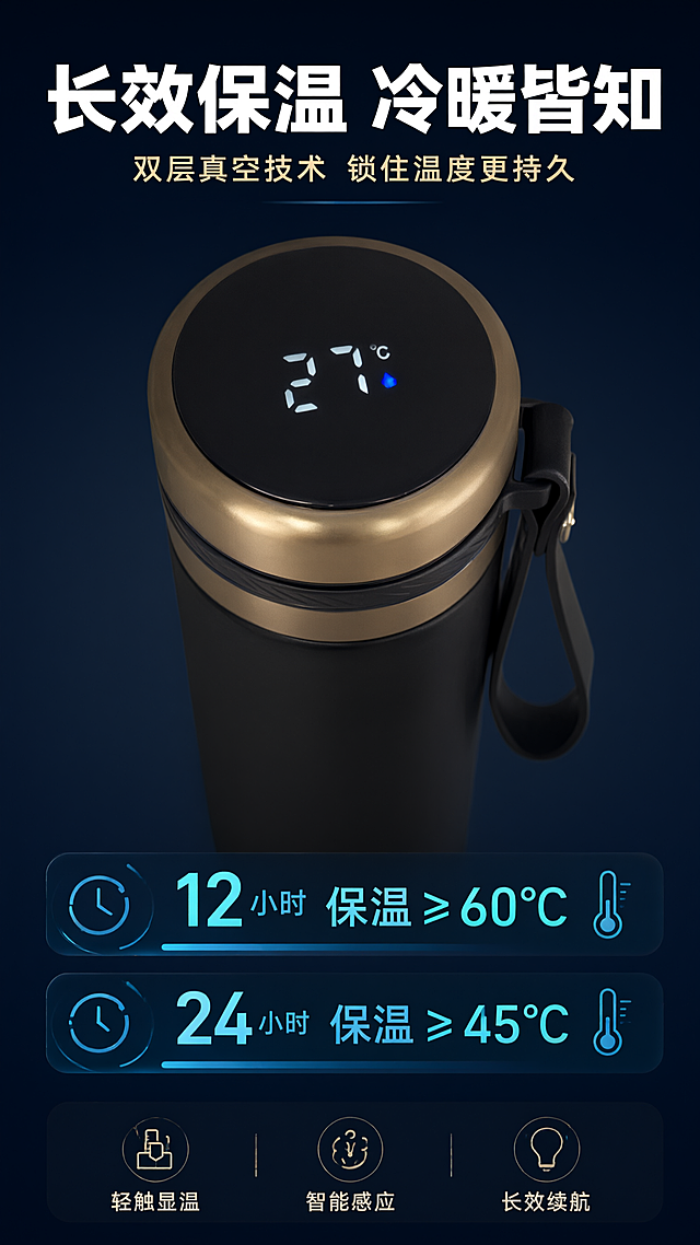 制作长效保温数据可视化功能页，极深蓝背景科技风。中上位置放置黑色保温杯温显盖俯视特写，温度数字清晰可见，屏幕自发光效果。下方两条横向发光数据条："12小时 保温≥60℃""24小时 保温≥45℃"，配时钟和温度计图标。底部3步小图标+短句："轻触显温""智能感应""长效续航"。顶部大标题"长效保温 冷暖皆知"白色超大粗黑体，副标题"双层真空技术 锁住温度更持久"金色。9:16竖版，4K高清。